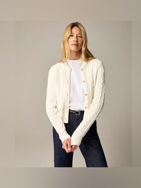 J.Crew Textured Knit White Cardigan | Preppy Gold Button Crest Detail Sweater L